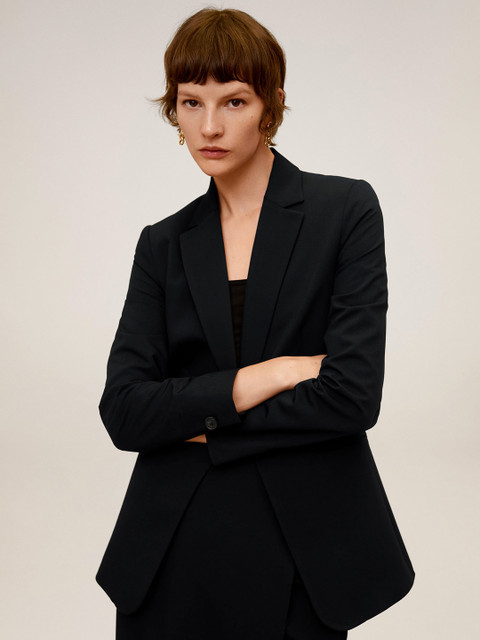 

MANGO Women Black Solid Regular Fit Single-Breasted Formal Blazer