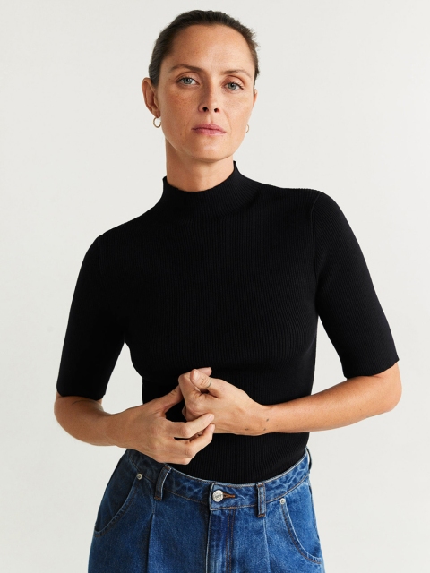 

MANGO Women Black Ribbed Fitted Top