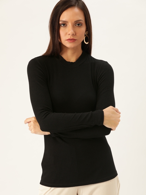 

MANGO Women Black Ribbed Round Neck T-shirt
