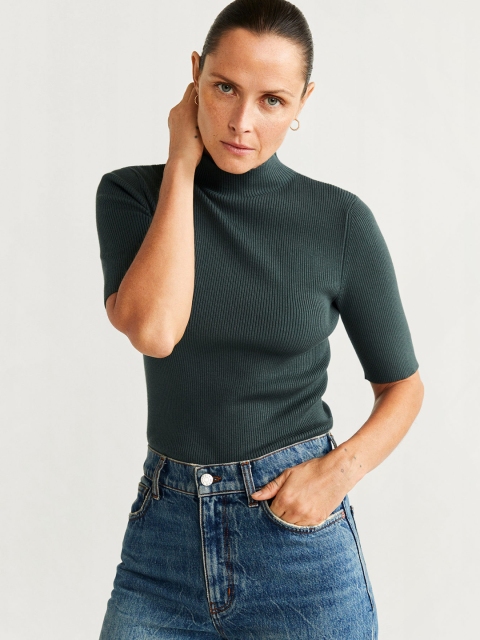 

MANGO Women Green Ribbed Top