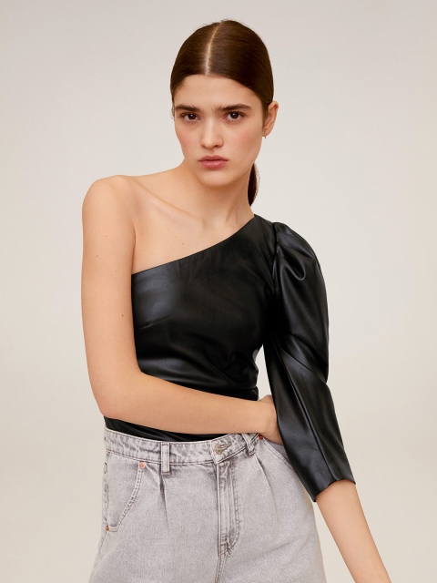 

MANGO Women Black Solid One Shoulder Top