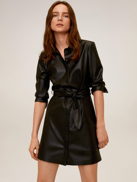 

MANGO Women Black Solid Satin Finish Shirt Dress