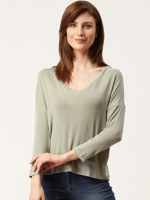 

MANGO Women Green Solid V-Neck T-shirt