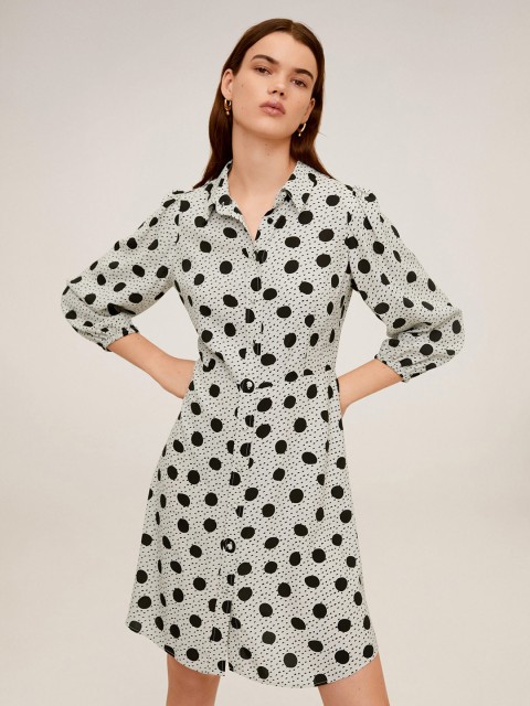 

MANGO Women Grey & Black Polka Dots Printed Shirt Dress