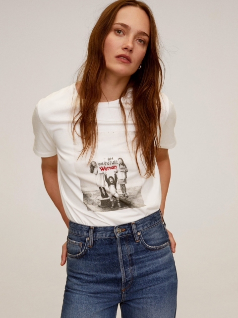 

MANGO Women Off-White & Grey Printed Round Neck T-Sustainable Shirt