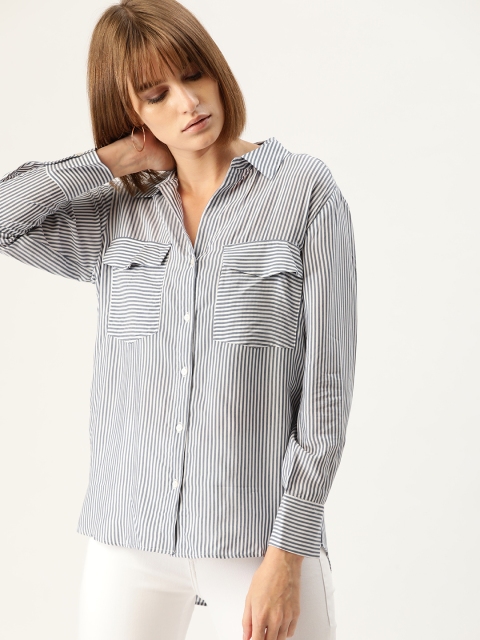 

MANGO Women Blue & White Regular Fit Striped Casual Shirt