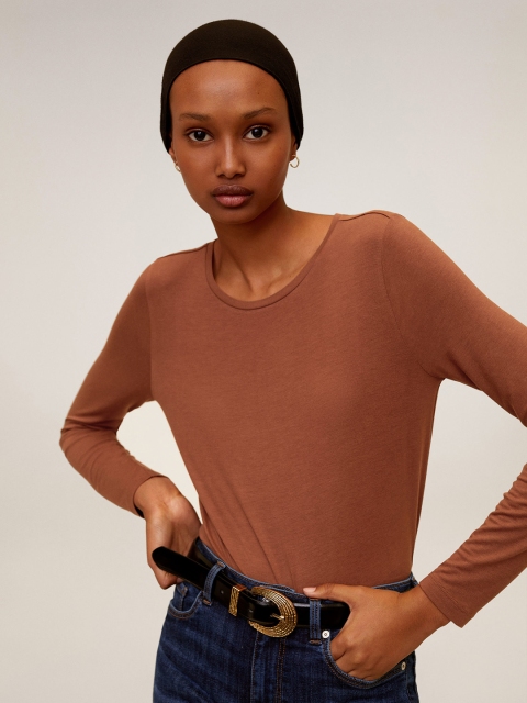 

MANGO Women Brown Solid Round Neck T-shirt