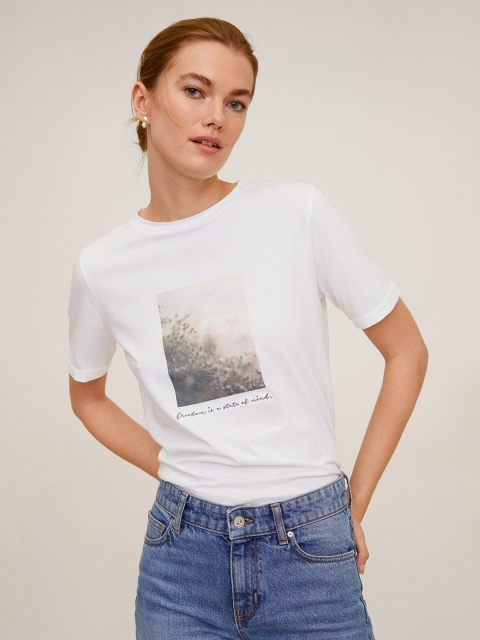 

MANGO Women White Printed Round Neck T-Sustainable Shirt
