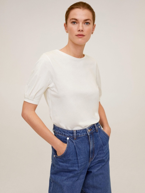 

MANGO Women White Solid Organic Cotton Round Neck T-shirt