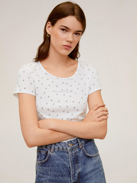

MANGO Women White & Black Geometric Printed Round Neck T-shirt
