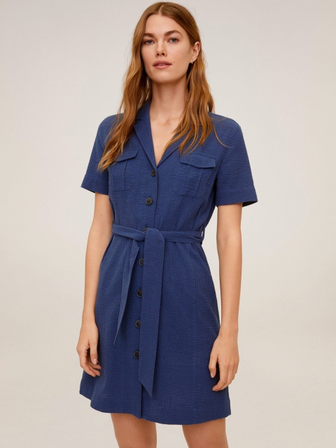 

MANGO Women Blue Self-Design Shirt Dress