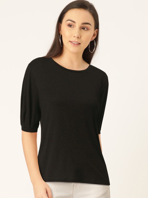 

MANGO Women Black Solid Round Neck Pure Cotton T-shirt