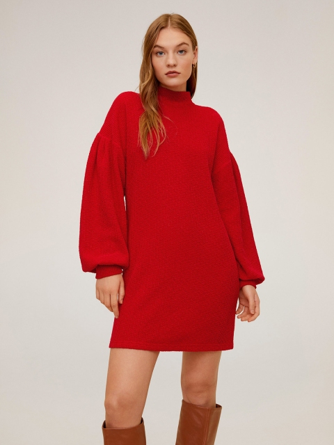 

MANGO Women Red Solid A-Line Sweater Dress