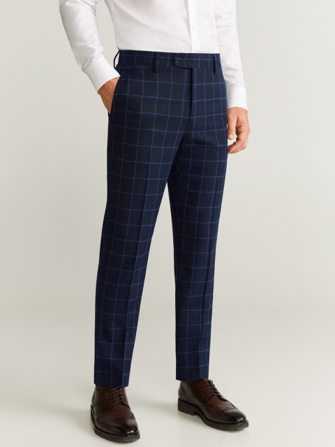 

MANGO MAN Navy Blue Slim Fit Checked Formal Trousers