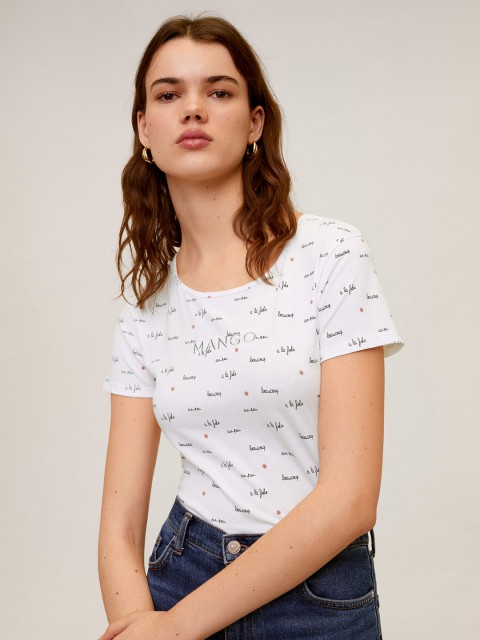 

MANGO Women White Black Printed Round Neck Pure Cotton T-shirt
