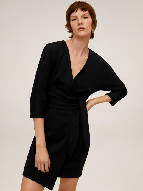 

MANGO Women Black Solid Wrap Dress With Belt