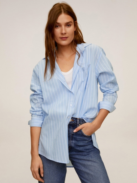 

MANGO Women Blue & White Regular Fit Striped Casual Shirt