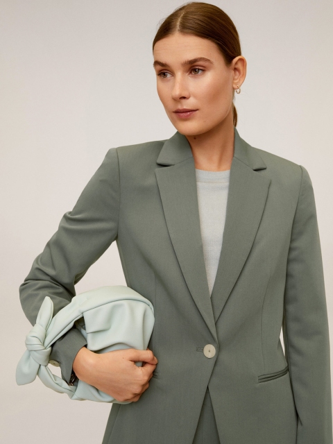 

MANGO Women Green Solid Asian Fit Single-Breasted Blazer