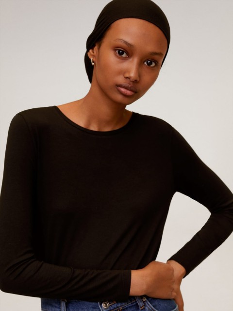 

MANGO Women Black Ribbed Round Neck T-Sustainable Shirt