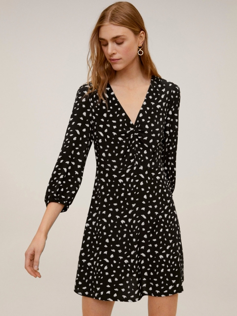 MANGO Women Black & White Printed A-Line Dress