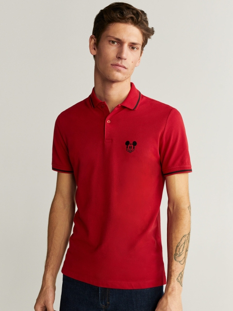 

MANGO MAN Men Red Solid Mickey Mouse Polo Collar T-shirt