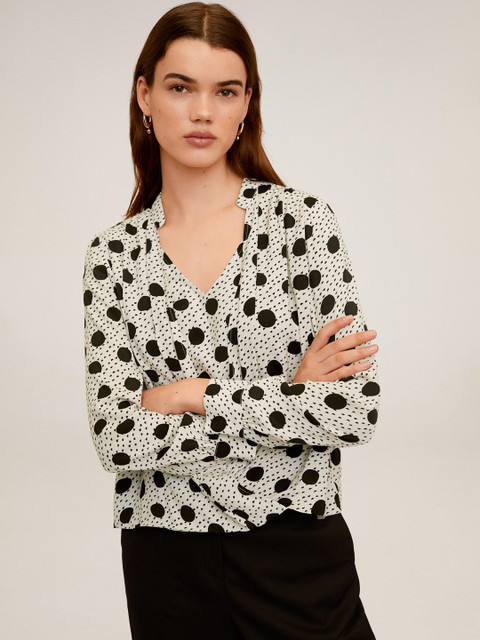 

MANGO Women Off-White & Black Polka Dots Printed Wrap Top