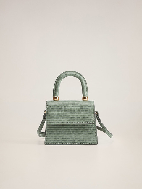

MANGO Green Textured Satchel with Sling Strap