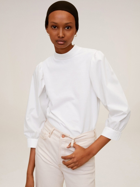 

MANGO Women White Solid Pure Cotton Top