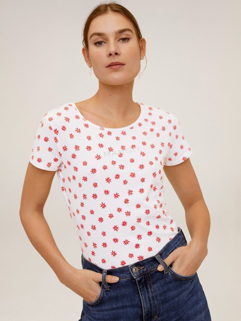 

MANGO Women White & Red Printed Round Neck T-shirt