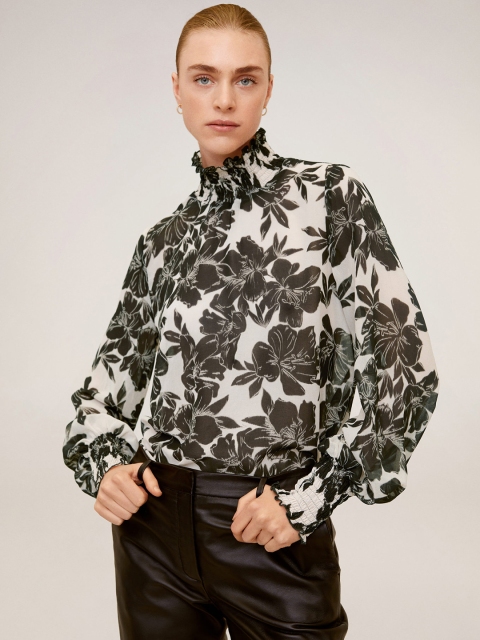 

MANGO Women Off-White & Black Floral Print Top