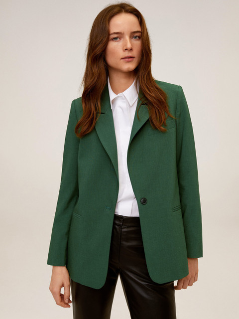 

MANGO Women Green Solid Regular Fit Single-Breasted Formal Blazer