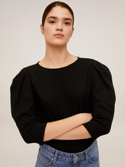 

MANGO Women Black Solid Crinkled Puff Sleeves Top
