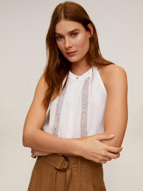 

MANGO Women White & Brown Self-Striped Embroidered Top