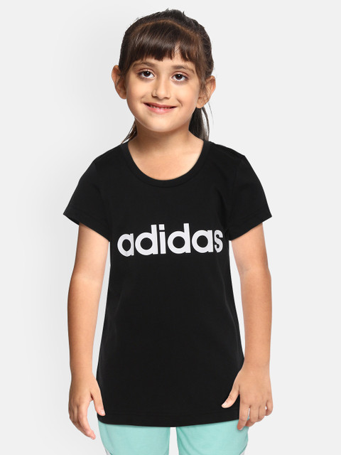 

ADIDAS Girls Black & White E LIN Brand Logo Print Round Neck T-shirt