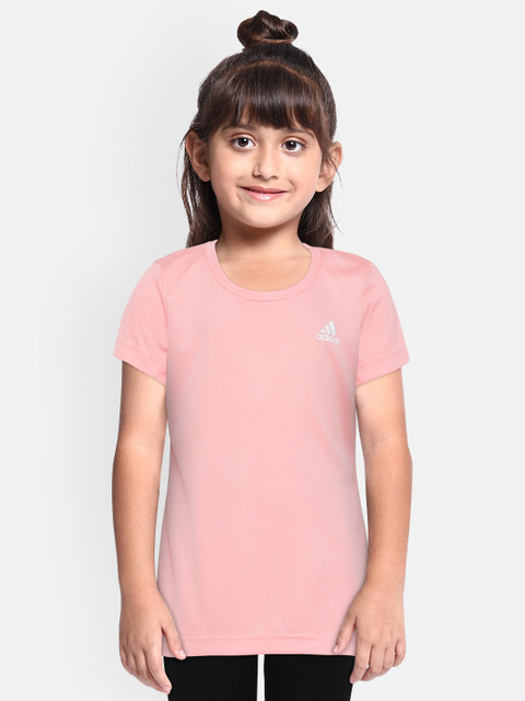 

ADIDAS Girls Peach-Coloured Aeroready Self-Design Round Neck Training T-shirt
