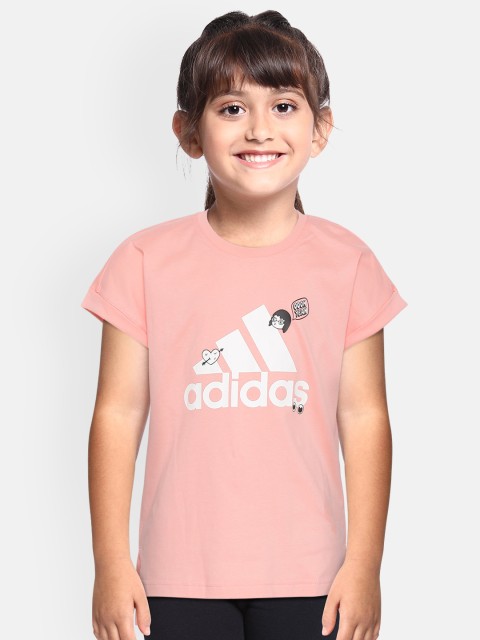 

ADIDAS Girls Peach-Coloured & White Badges Brand Logo Print Round Neck Training T-shirt