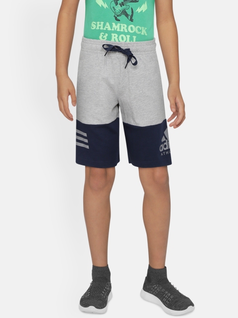 

ADIDAS Boys Grey Melange & Navy Blue Colourblocked 3 Stripes GR Sports Shorts