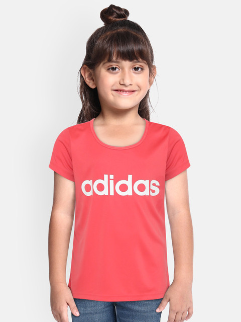 

ADIDAS Girls Coral Pink & White Brand Logo Print Round Neck Cardio T-shirt