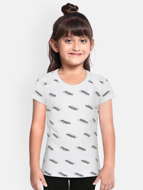 

ADIDAS Girls White Black Favourite Brand Logo Print Round Neck Pure Cotton T-shirt