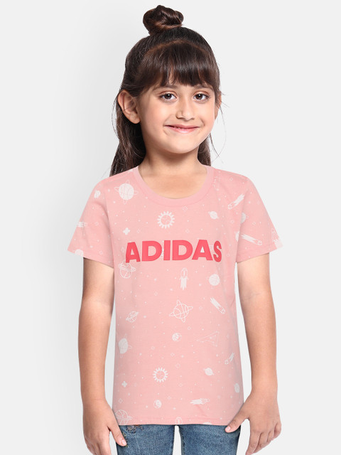 

ADIDAS Girls Peach-Coloured & Off-White Style Summer Printed Round Neck Training T-shirt