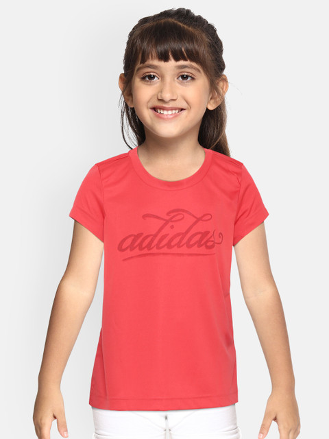 

ADIDAS Girls Coral Pink & Red Script Brand Logo Print Solid Round Neck Sports T-shirt