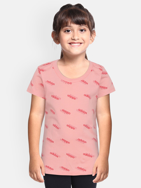 

ADIDAS Girls Peach-Coloured Coral Red Favourite Brand Logo Print Round Neck Pure Cotton T-shirt