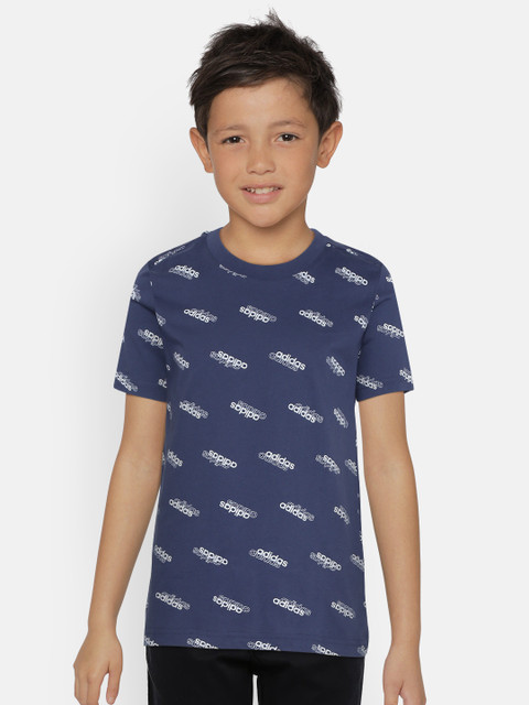 

ADIDAS Boys Navy Blue & White Core Favourite Brand Logo Print Round Neck T-shirt