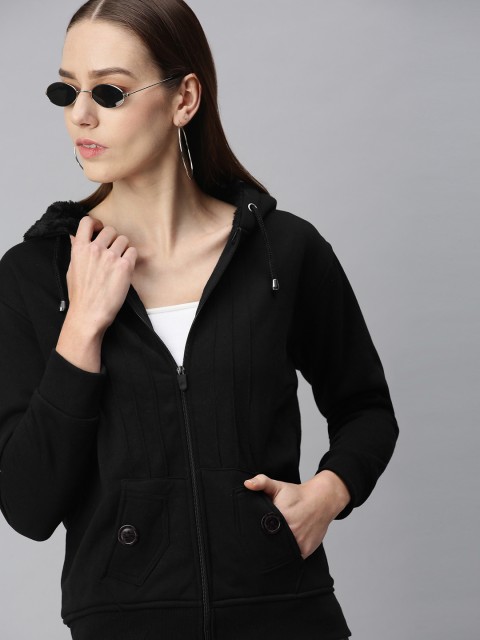 

VOXATI Women Black Solid Hooded Sweatshirt