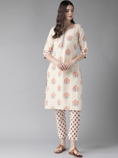 

Shree Women Cream-Coloured & Maroon Printed Kurta with Trousers