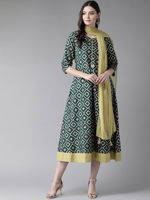 

Shree Women Green & Golden Printed A-Line Dress with Dupatta
