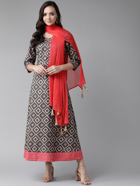 

Shree Women Charcoal Grey & Golden Printed Maxi Dress with Dupatta
