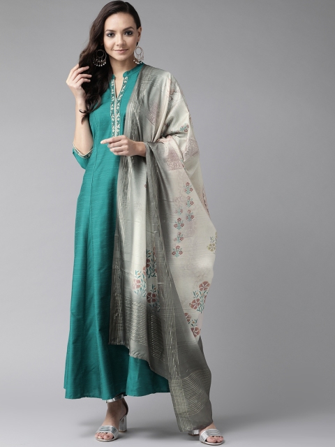 

Shree Women Teal Green Yoke Design Maxi Dress with Dupatta
