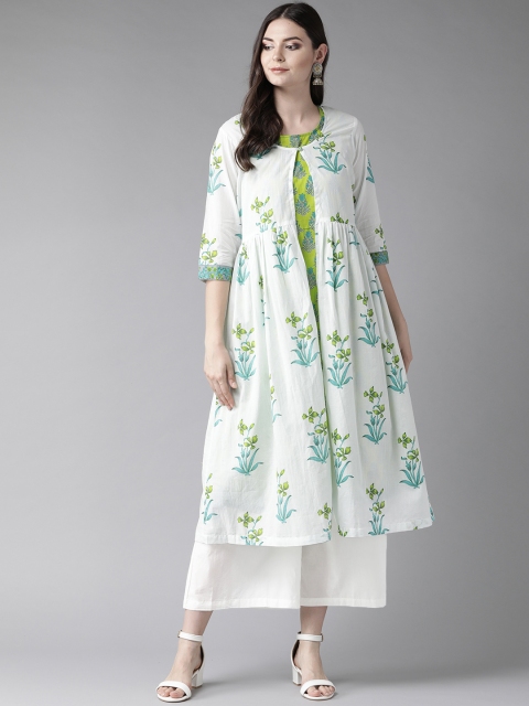 

Shree Women White & Green Floral Print Layered Kurta with Palazzos