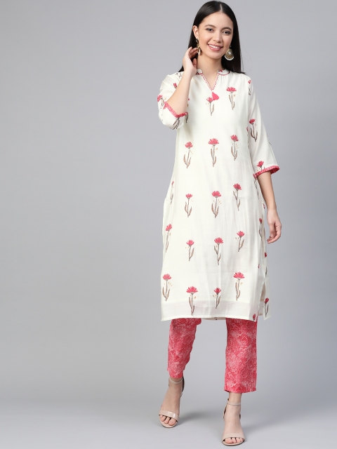 

Shree Women Off-White & Pink Printed Liva Kurta with Trousers